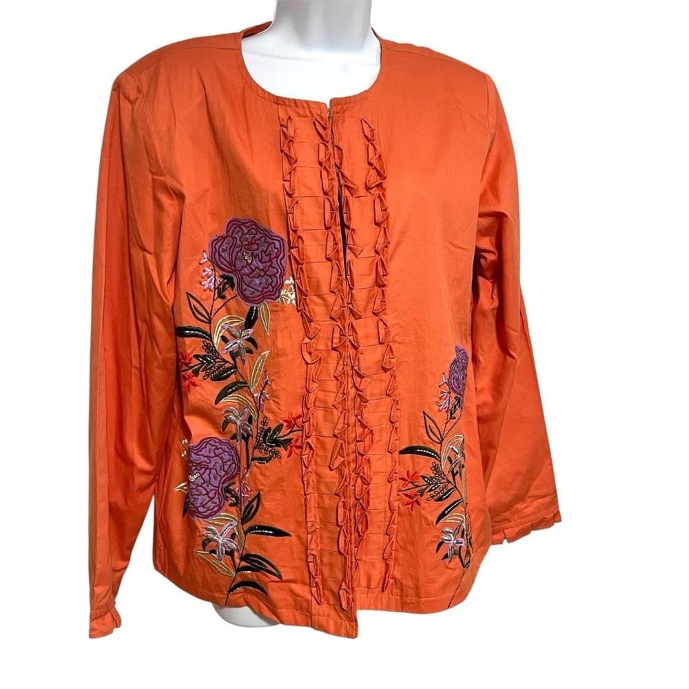 Indigo Moon Floral Embroidered Beaded Jacket Size Medium Orange Ruffle Detail